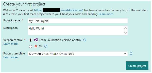 Neues Visual Studio Online Projekt